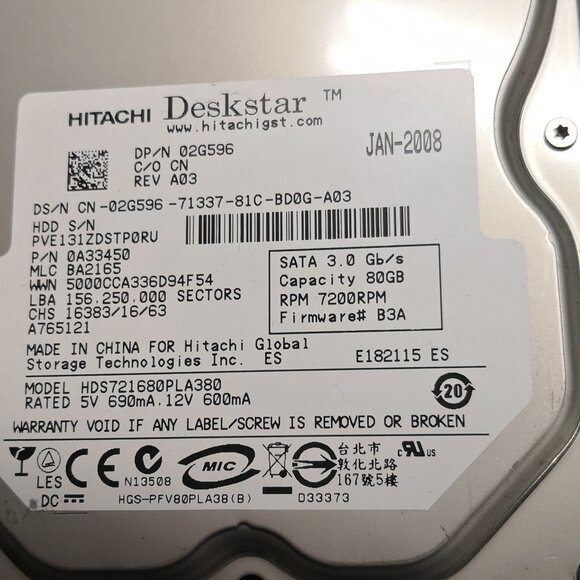 80GB Hitachi Deskstar 7200RPM 3.5" SATAIII HDD Hard Drive. TESTED. WORKS! - Picture 6 of 6